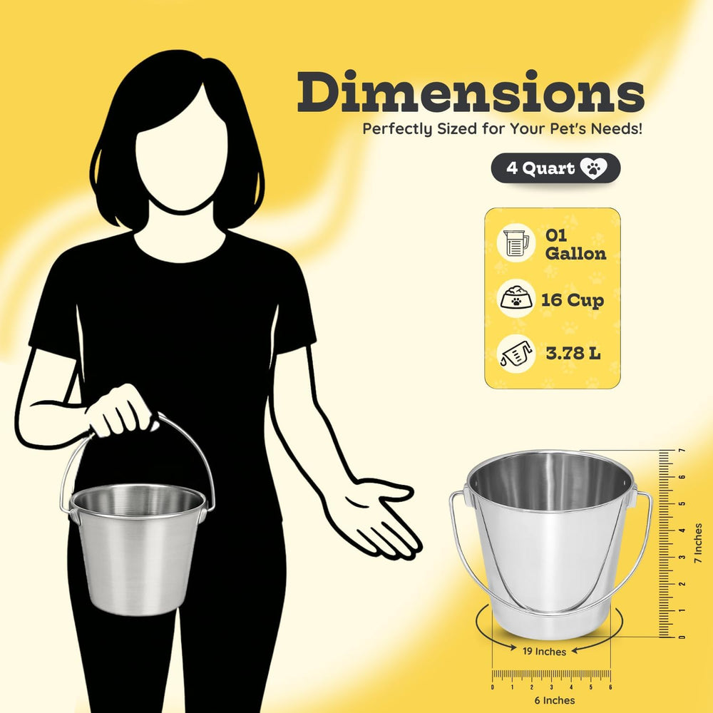 4Qt Heavy Duty Stainless Steel Water Bucket for Kennel, 2-Pack