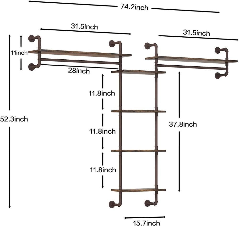 Helsin 5-Tiers 74inch Large Rustic Industrial Pipe Floating Shelving, Wall Mo...