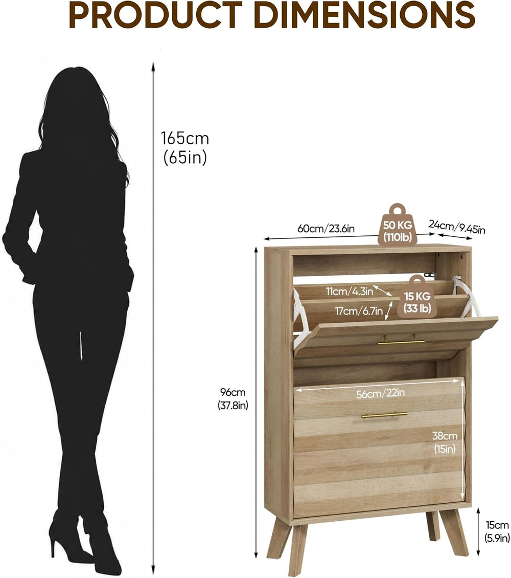 Semiocthome 23.6" Slim Shoe Storage Cabinet with 2 Flip Drawers, Oak