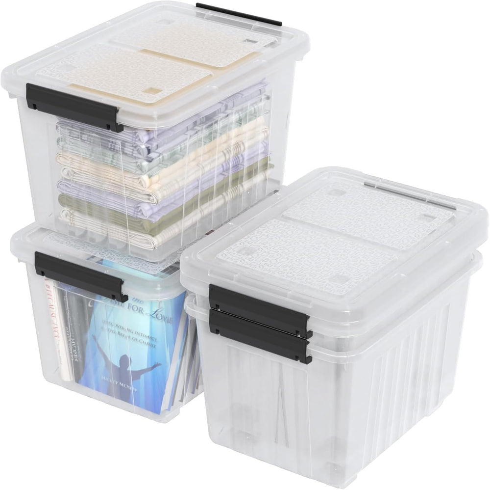 30 L Plastic Storage Bins with Wheels, Clear Latching Box, 4-Pack