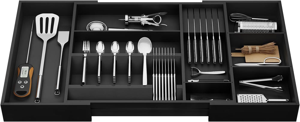 Bamboo Expandable Kitchen Drawer Organizer, 17.7-29.5 in,Black