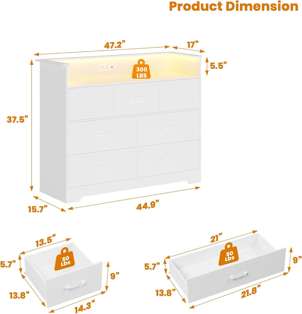 Garvee 7 Drawer Dresser with LED Light and Charging Station, White