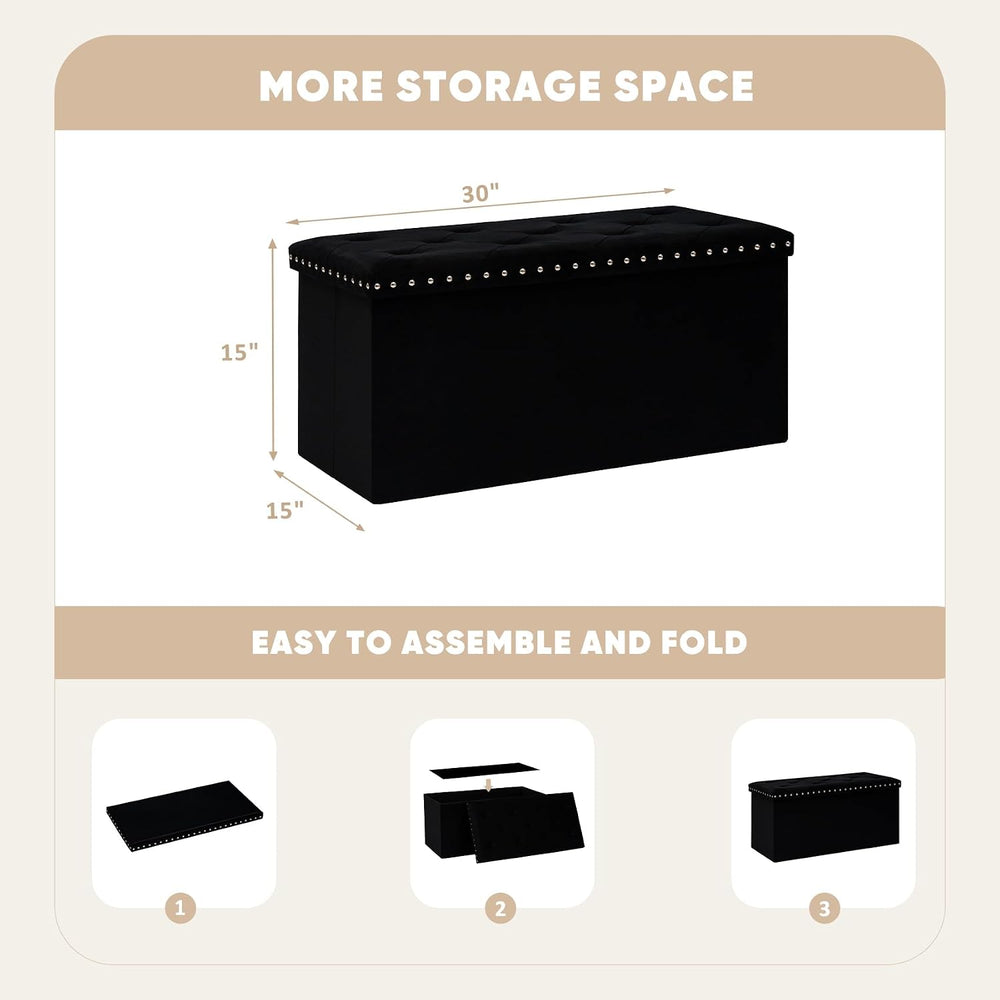 PINPLUS Folding Storage Ottoman Bench, Black Velvet