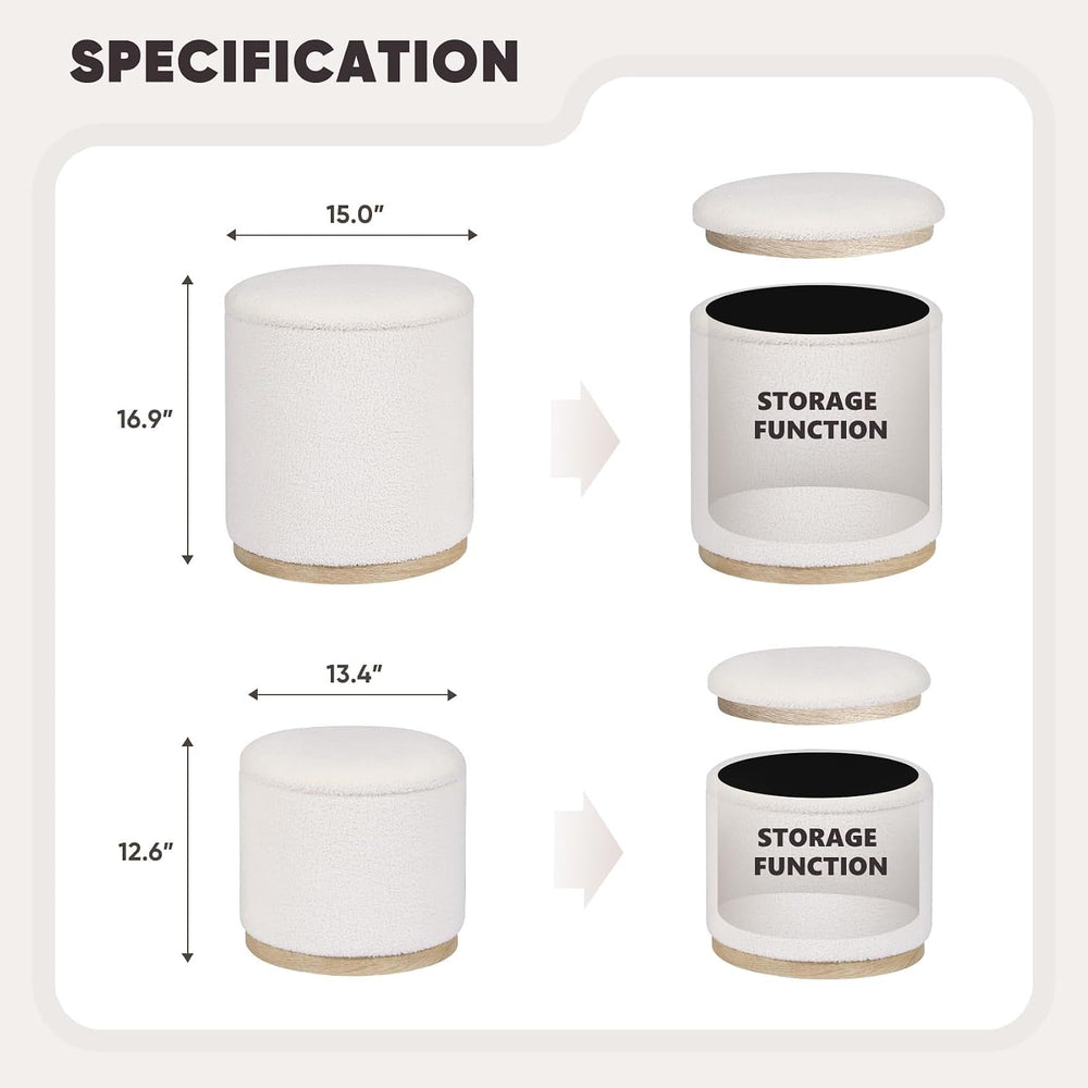 B FSOBEIIALEO 15" Boucle Storage Ottoman with Tray, Cream White, Set of 2