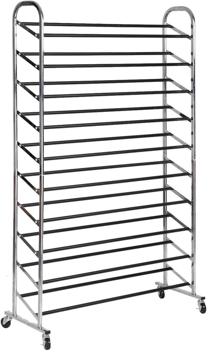 50 Pair Free Standing 10 Tier Shoe Tower Rack Chrome Metal Shoe Rack New