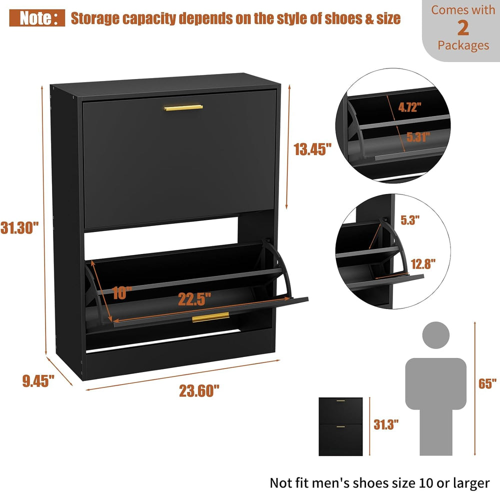 JOZZBY Shoe Cabinet Storage Set of 2 with 2 Flip Drawers, Black丨Slim Freestan...