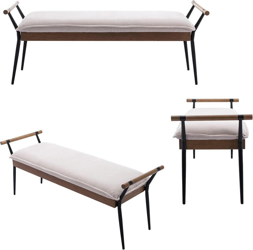 DUOMAY Modern Chenille Ottoman Bench with Arms & Metal Legs, White