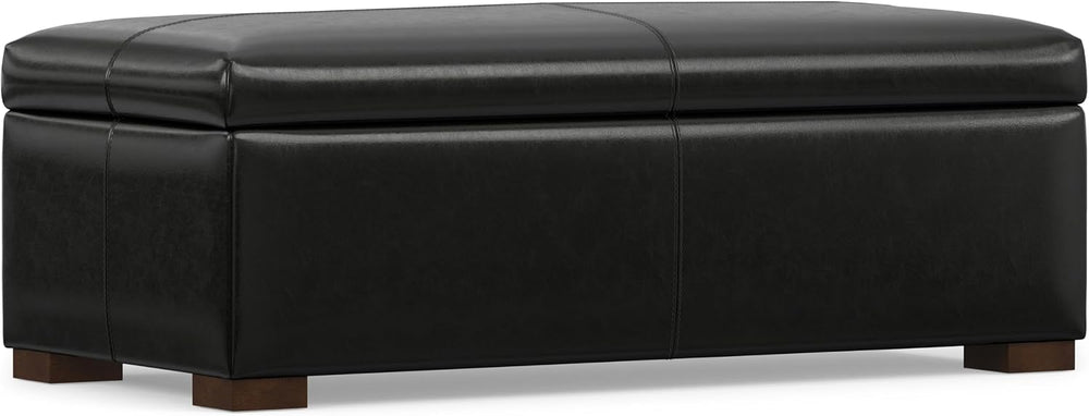 SIMPLIHOME Gabbie 48" Wide Vegan Leather Storage Ottoman in Midnight Black