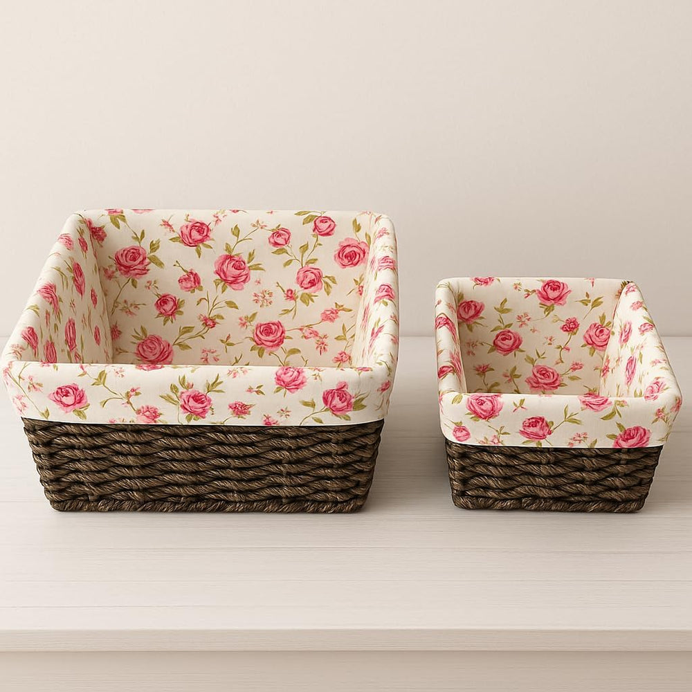Set of 2 Corn Rope Woven Storage Baskets with Floral Fabric Liner, Decorative...