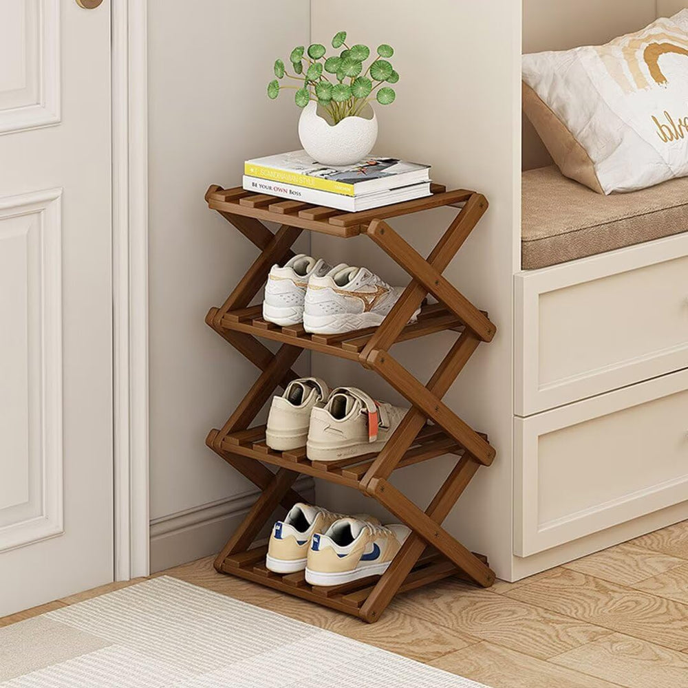 Vertical Shoe Rack Folding 4 Tier, Narrow Shoe Storage Rack, Bamboo Shoe Shel...