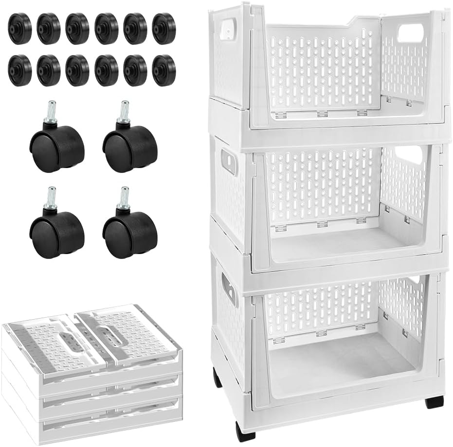 Stackable Plastic Storage Basket, 3 Pack Foldable Closet Organizers and Stora...