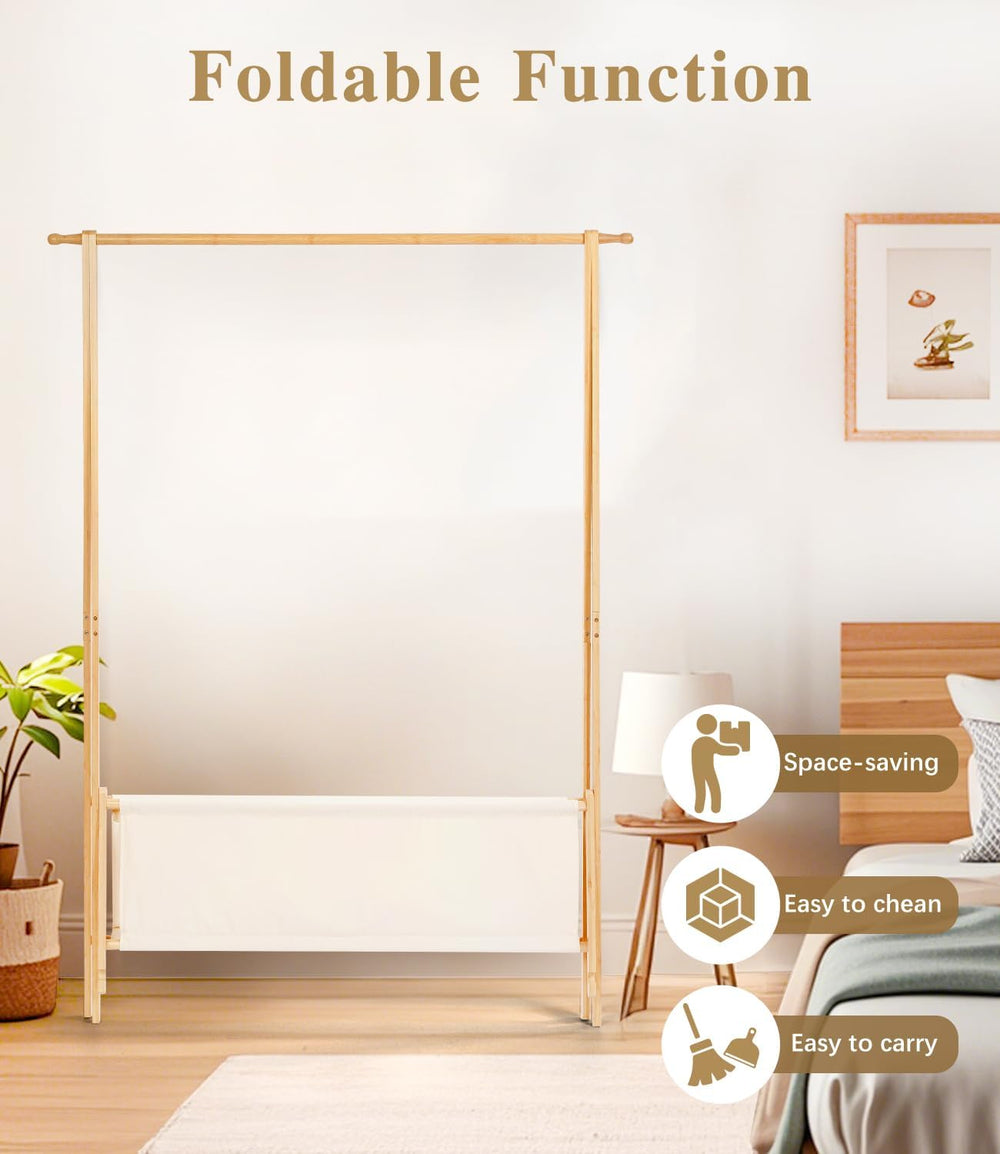 Bamboo Clothes Rack with Storage Box, Portable Extra Large Garment Rack Cloth...