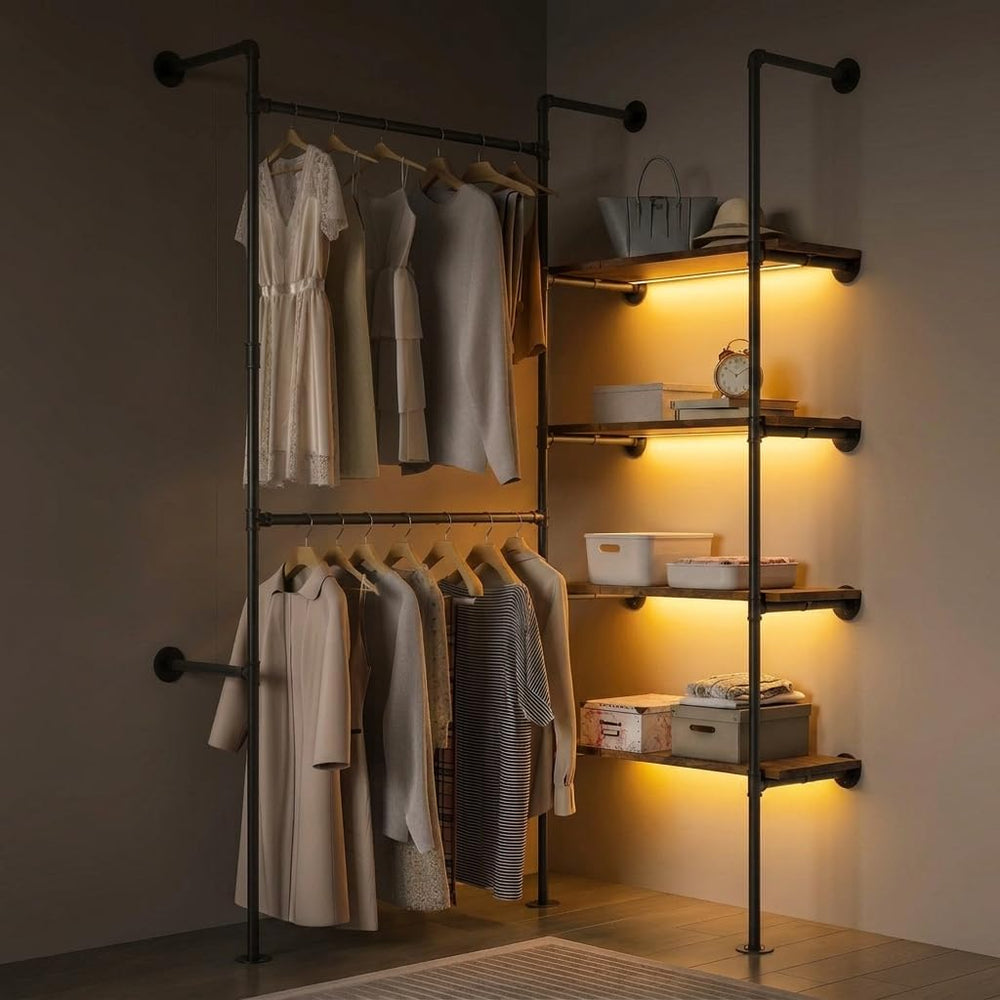 Expandable Industrial Pipe Clothing Rack with LED Lights