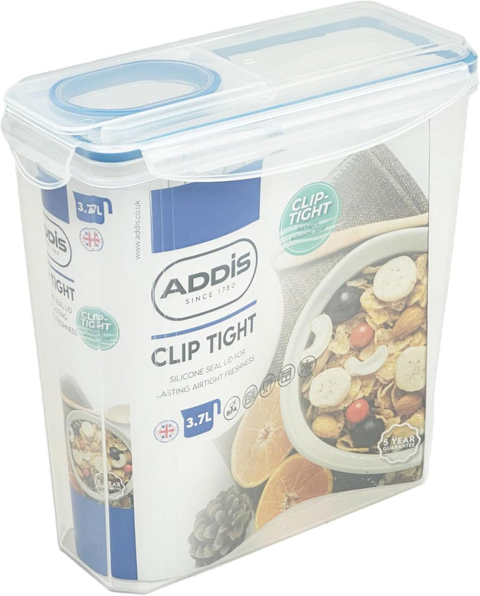 Addis Clip Tight Cereal Food Storage Container 3.7 Litre Tall Rectangle With Easy Pour Lid and Locking Clips, Airtight Bpa Free, Clear Transparent