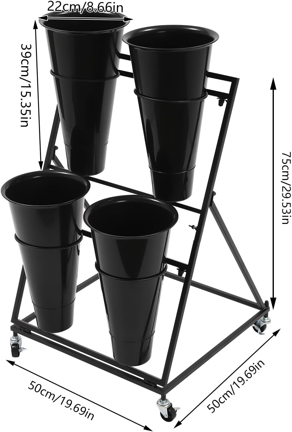 2-Tier Flower Display Stand with 4 Buckets & Wheels, Black Metal Rolling ...