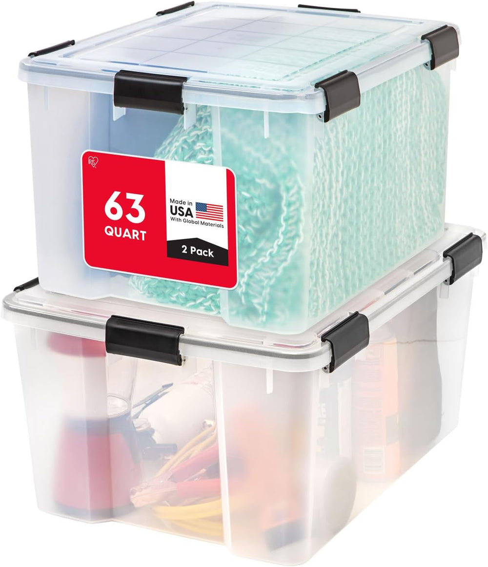 IRIS USA WeatherPro 63 Qt Storage Bins with Lids, 2 Pack, Clear/Black