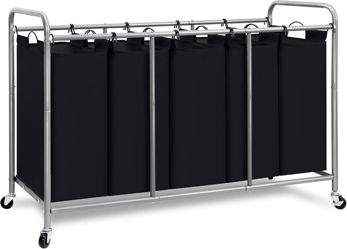 STORAGE MANIAC 5 Section Laundry Sorter, 5 Bins Rolling Separator Laundry Basket, Dirty Clothes Hamper Divider with Heavy Duty Lockable Wheels, Large Clothes Organizer Cart, Black