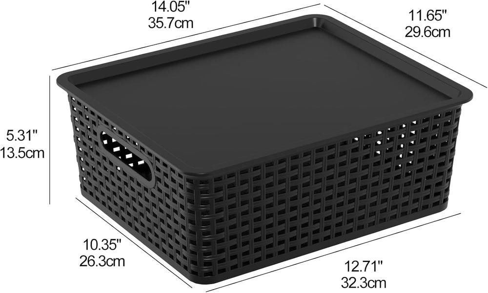 13 Quart Stackable Flat Plastic Storage Basket with Lid, 6 Packs