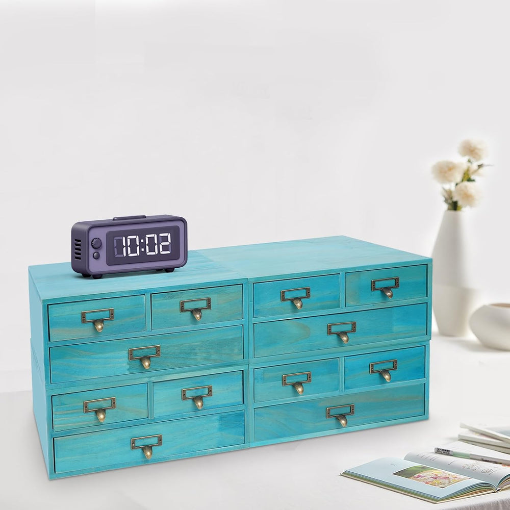4 Pcs Vintage Desktop Organizer Set, Wooden 12 Drawer Storage Cabinets with M...