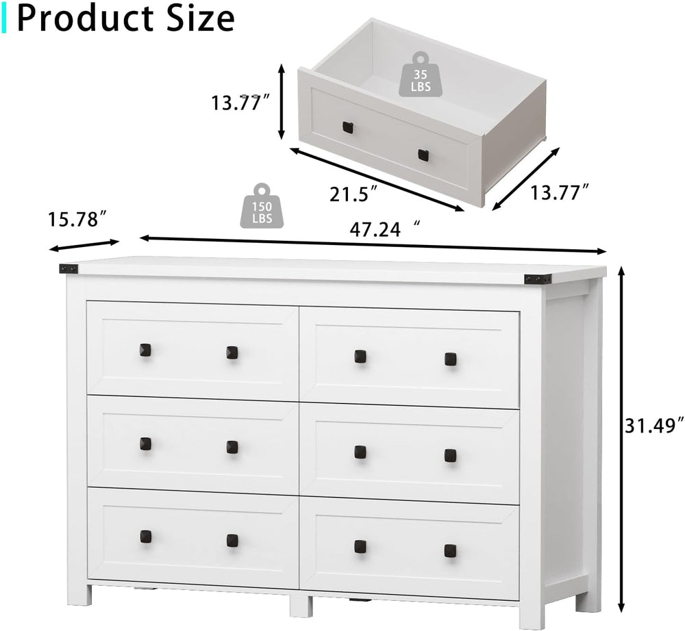Wodeer 6 Drawer Dresser for Bedroom, White Modern Dressers & Chests of Dr...
