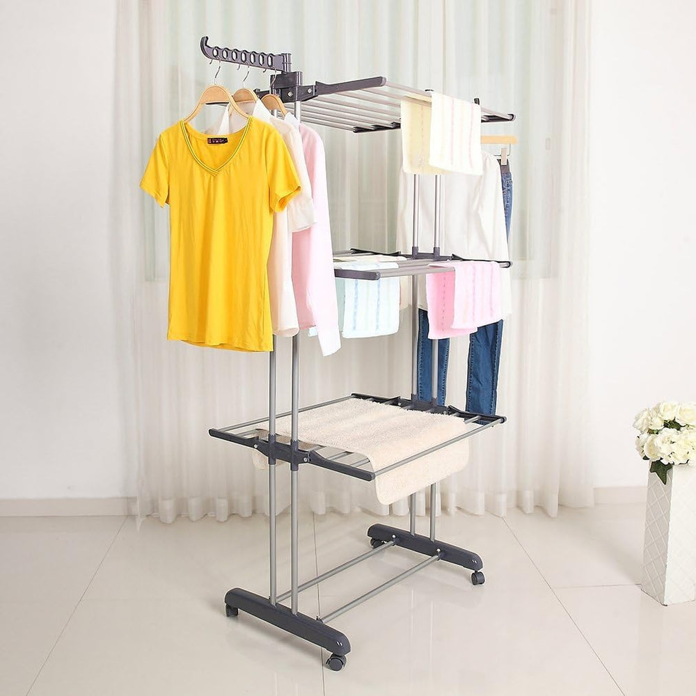 3-Tier Foldable Rolling Clothes Drying Rack with Commercial Grade Wheels Stai...