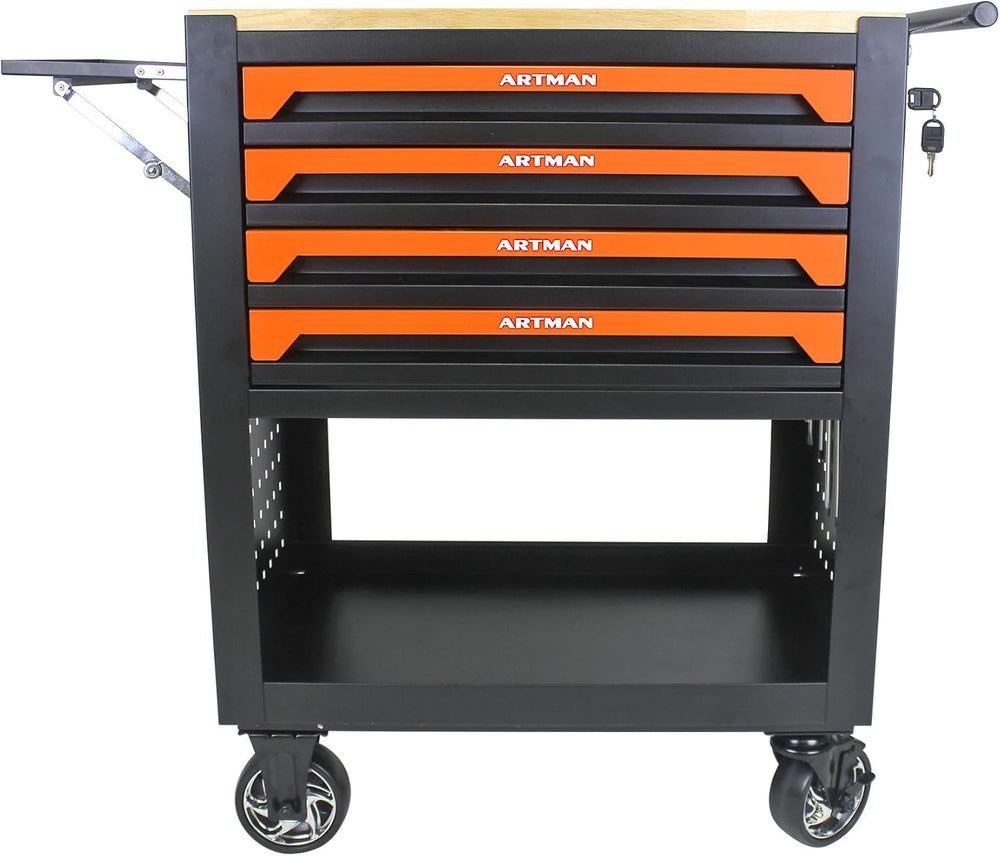 Lockable 4-Drawer Rolling Tool Chest with Wooden Top Workbench