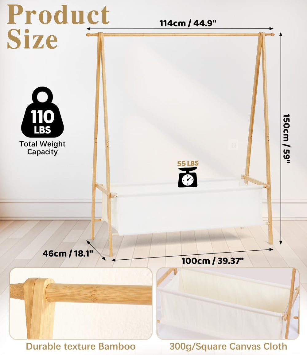 Bamboo Clothes Rack with Storage Box, Portable Extra Large Garment Rack Cloth...
