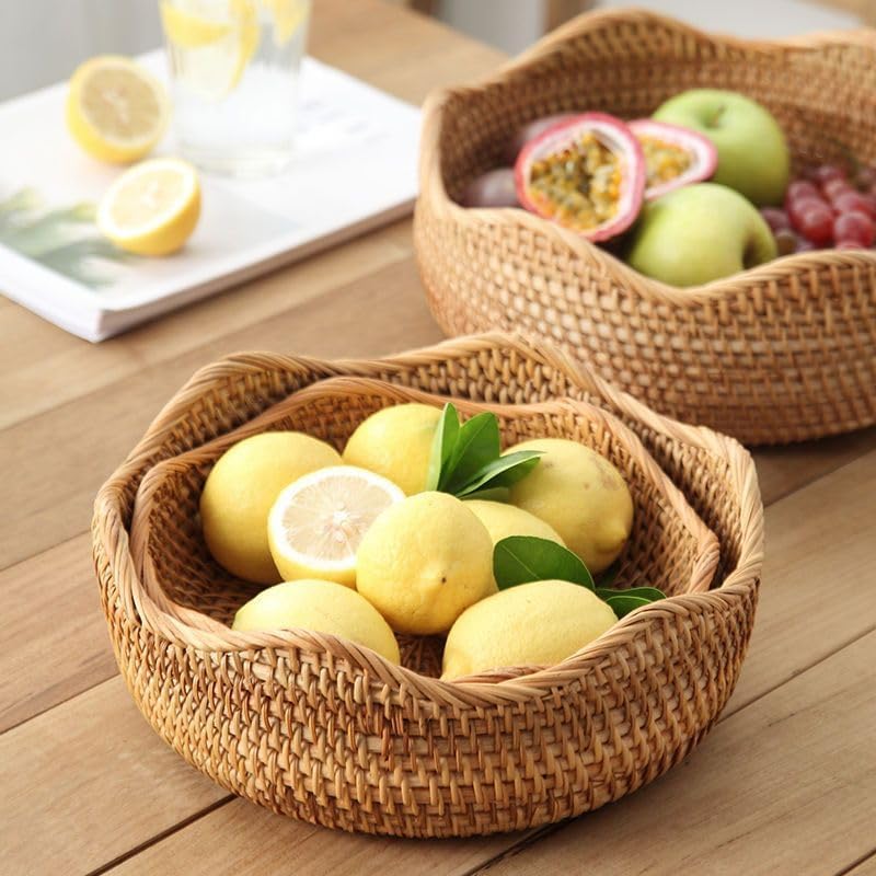 Rattan Bread Basket, Hand Woven Fruit Basket, Wicker Serving Basket Bowl, Dec...