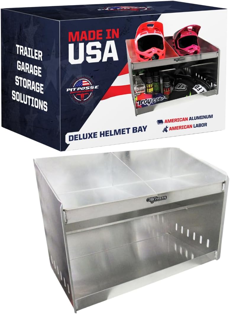 Pit Posse 611 Deluxe Dual Helmet Bay Shelf Holder Aluminum Enclosed Race Trai...