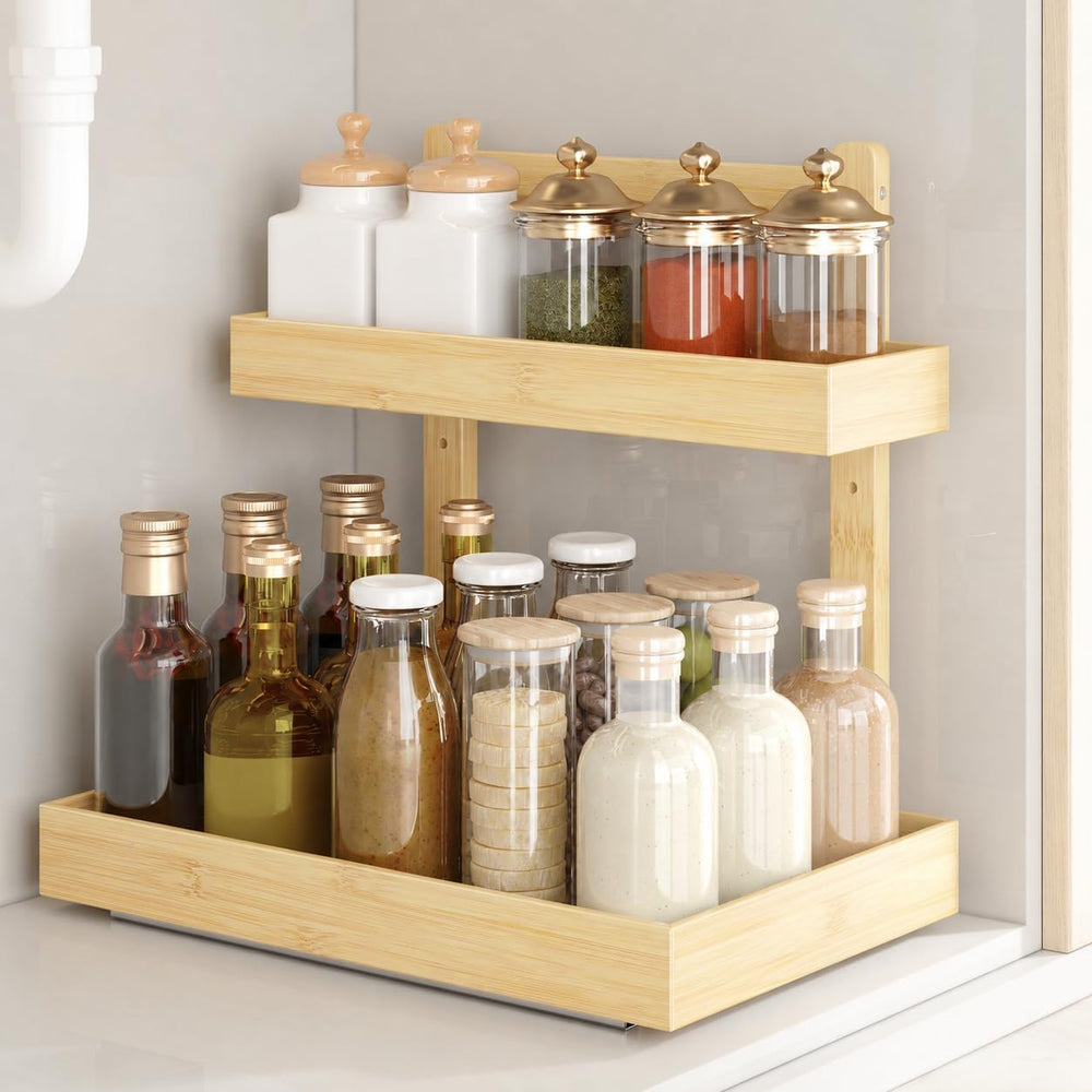 Bamboo Under Sink Organizer 2 Pack, 2-Tier Pull Out Cabinet Organizer