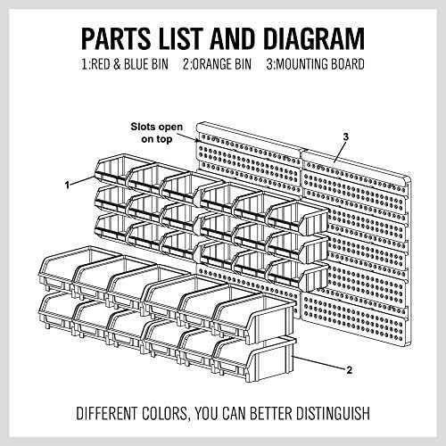 HORUSDY Wall Mounted Storage Bins Parts Rack 30PC Organizer Garage Plastic Sh...