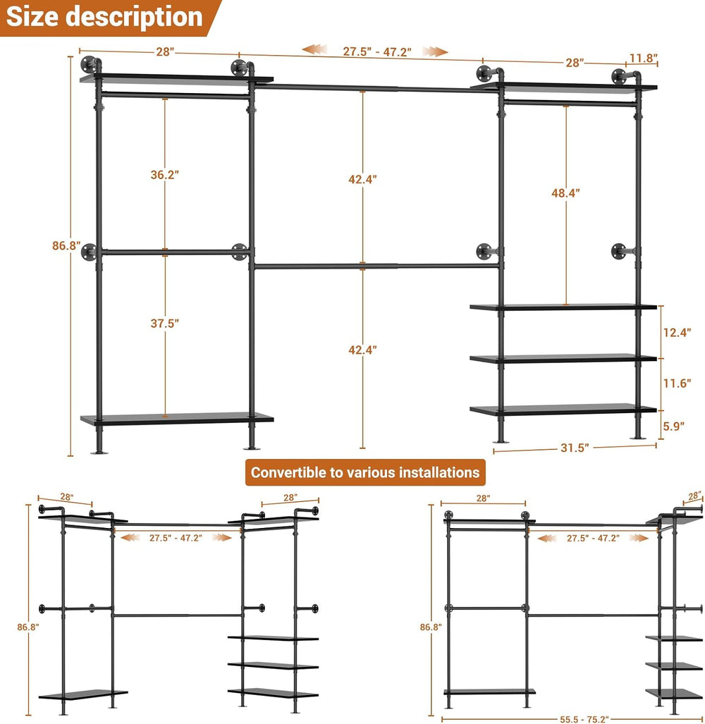 Aheaplus Industrial Pipe Clothing Rack, Expandable Garment Rack, Closet Syste...