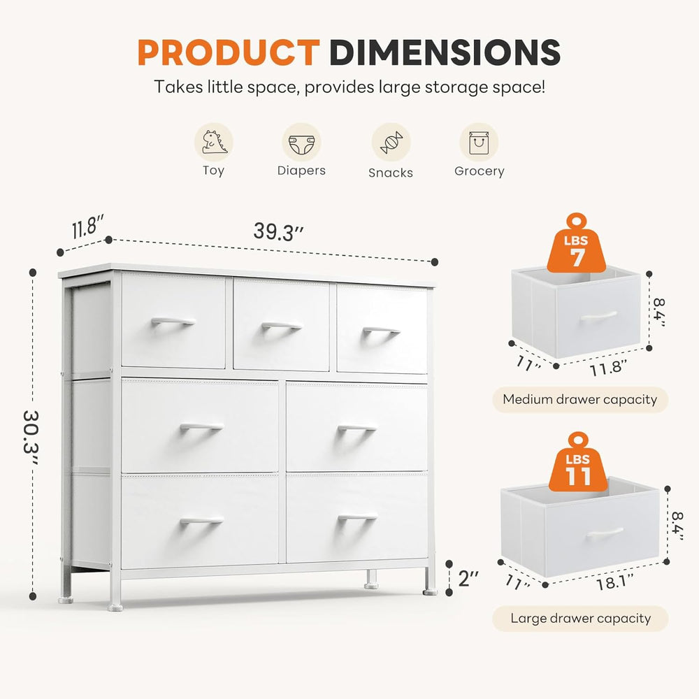 Sweetcrispy 7 Drawer Dresser for Bedroom Storage with Fabric Bins, White
