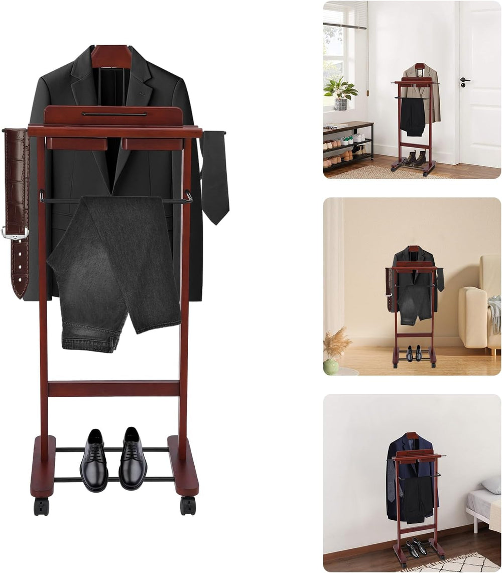Valet Stand with Wheels and Top Tray, Wood Mens Suit Valet Stand with Shoe Sh...