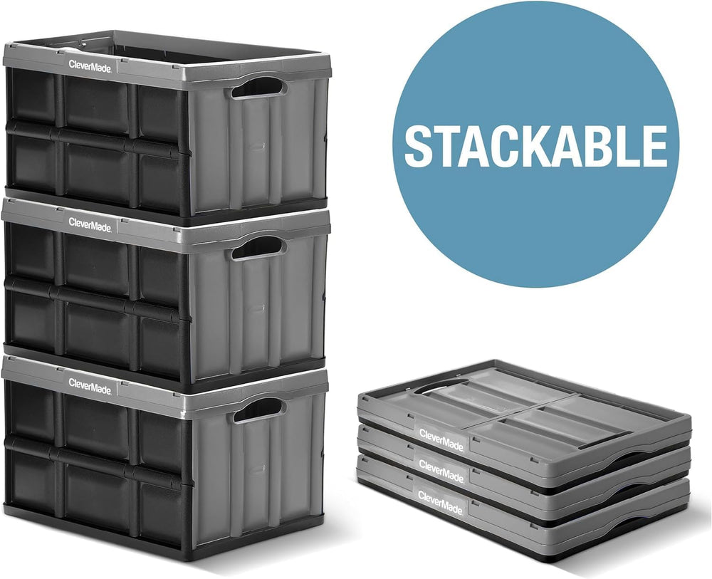 CleverMade Collapsible Storage Bins, 32L 3 Pack, 66 lb Stackable, Obsidian