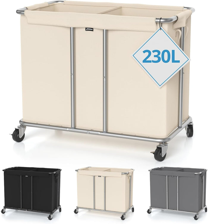 230L Rolling Laundry Hamper, 2-Section Laundry Basket