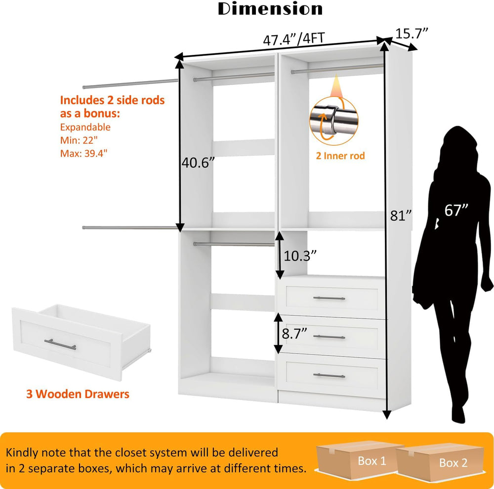 Closet System with 3 Drawers, 4FT-10FT Closet Organizer Systems with 5 Hangin...