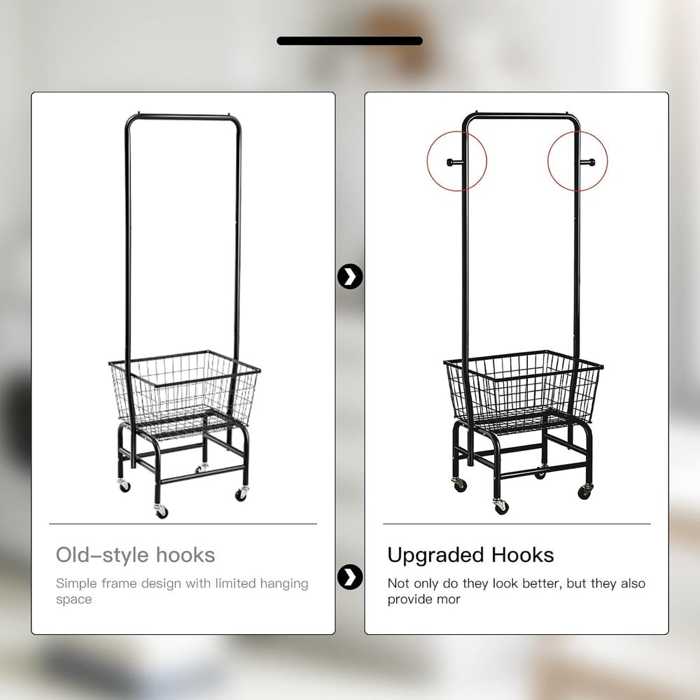 Rolling Laundry Cart with Hanging Rack Metal Laundry Basket with Wheels Laund...