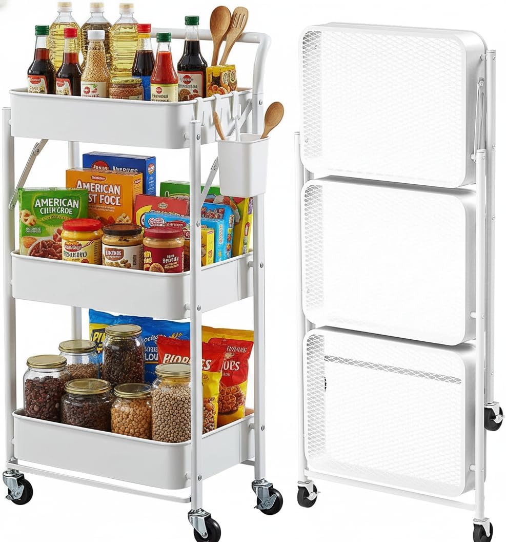 Foldable Rolling Cart 3-Tier Small Foldable Utility Storage Cart Multifunctio...