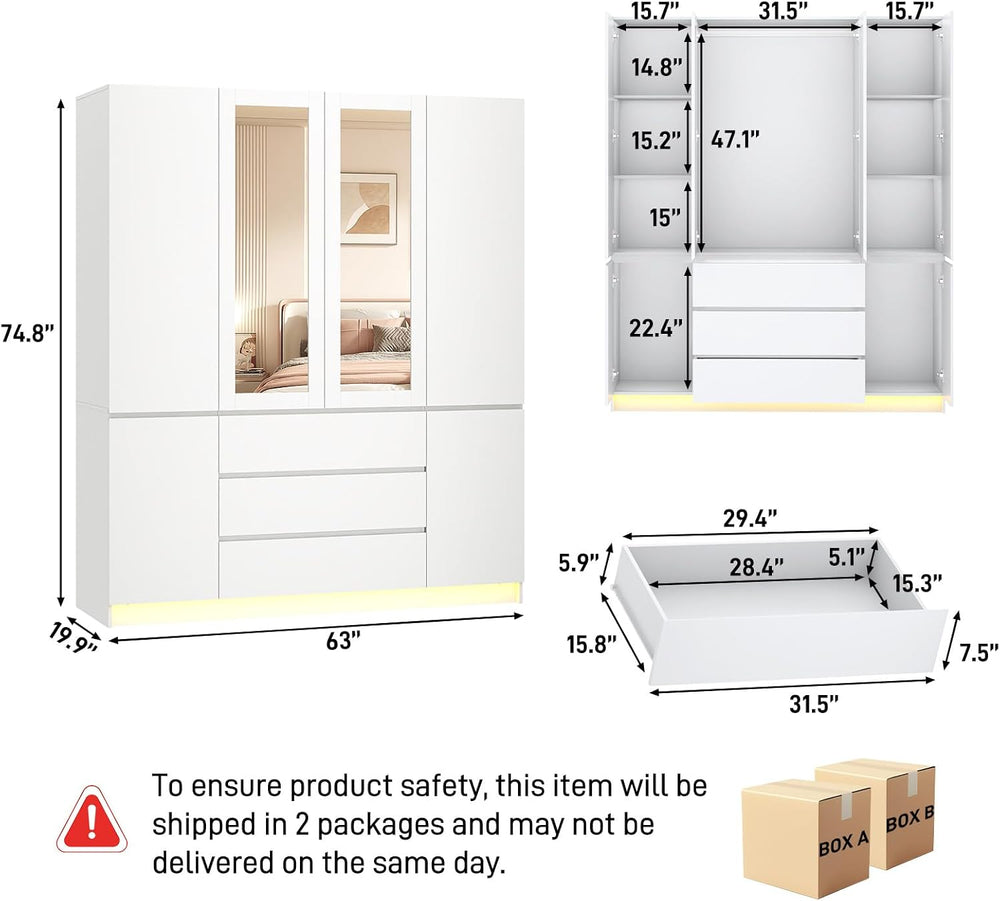 4 Doors Armoire Wooden Wardrobe Closet with 3 Drawers & 2 Mirror, 75&quot...