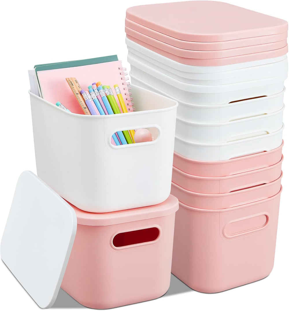 Hoolerry 8 Pieces Storage Bins, 9.8 x 7.1 x 6.3 Inch, White and Pink