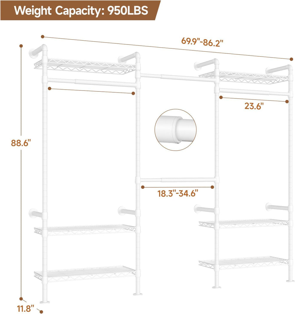 3-Bay Industrial Pipe Closet System, Wall Mounted Garment Racks, White