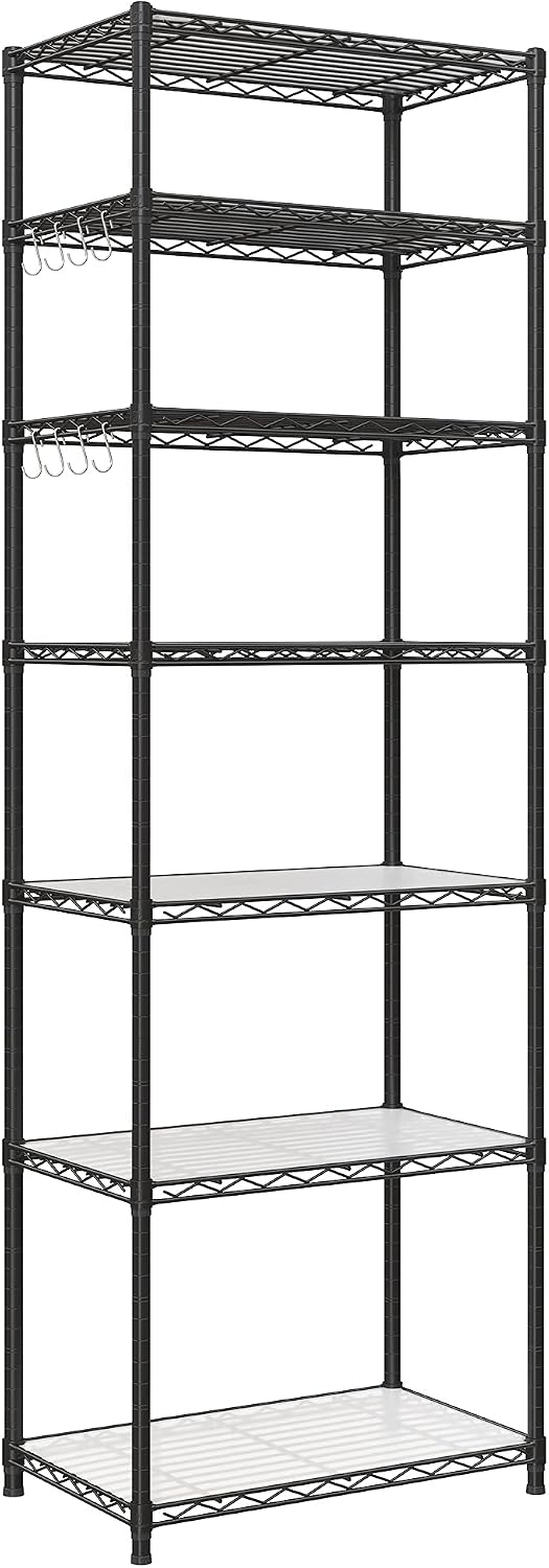 SONGMICS 7-Tier Storage Shelves, Adjustable Wire Shelving Unit, 8 Hooks