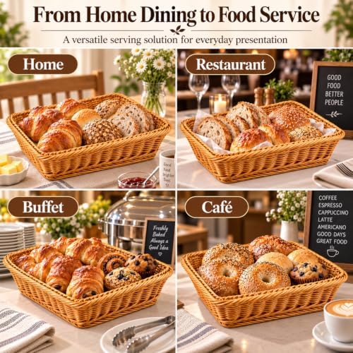 2 Pack Wicker Bread Baskets, 17.7 Inch Rectangular Serving Trays