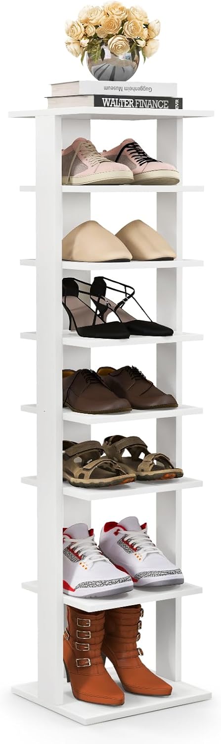 BETTARY 8 Tier Vertical Shoe Rack, Narrow Wooden Corner Shoe Organizer for Small Spaces, Removable Shelves, Anti-toppling Device, Shoe Tower for Entryway, Closet, Bedroom