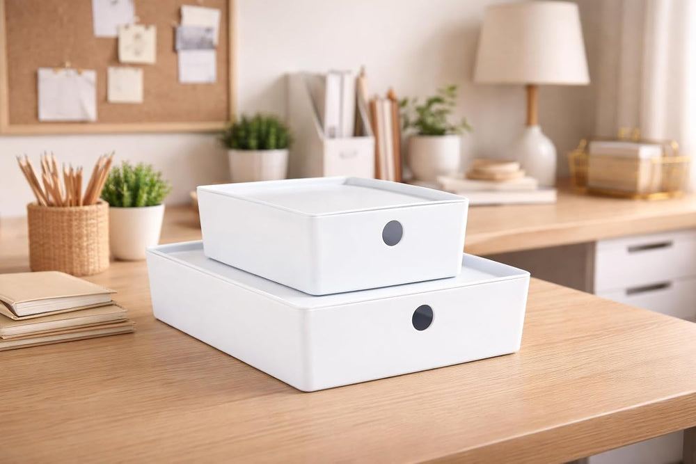 Bella White Modular Box Stackable Storage Bins with Lids Bathroom Organizer K...