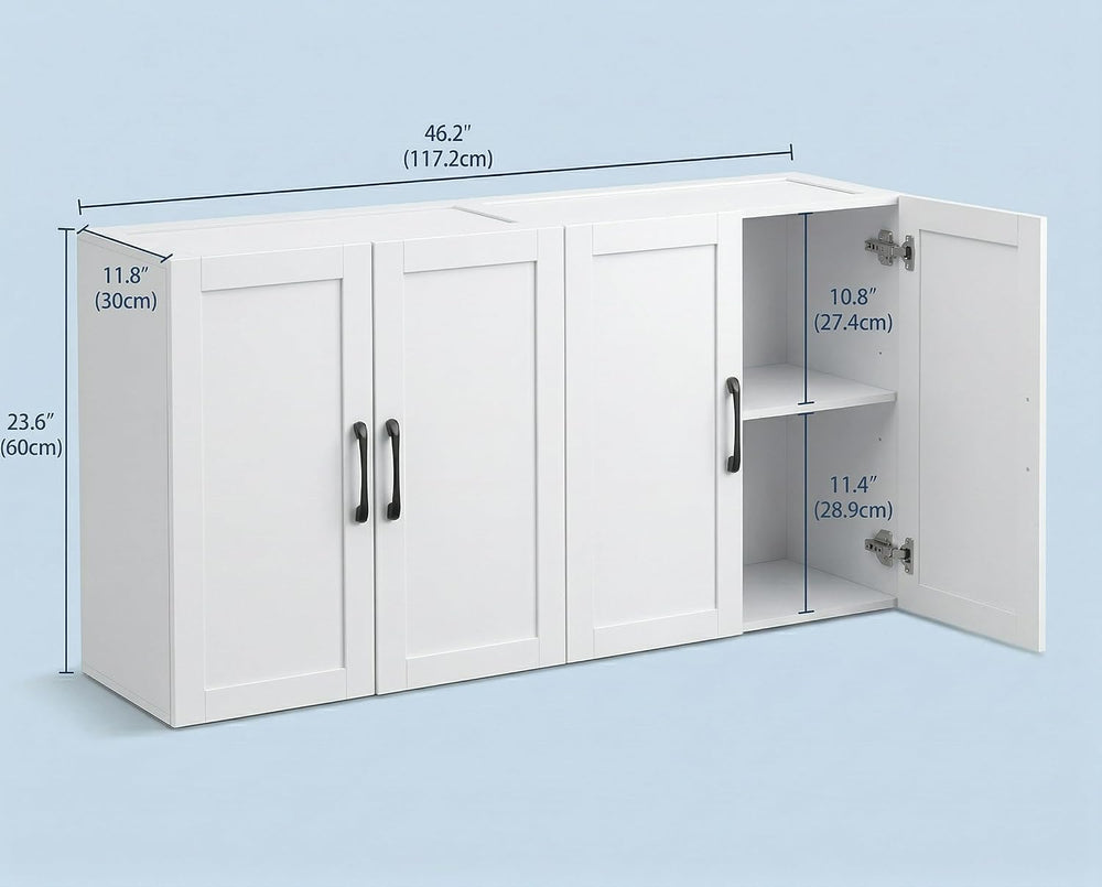 Wall Mounted Cabinet, Laundry Cabinet, 4 Doors, Adjustable Shelves, White