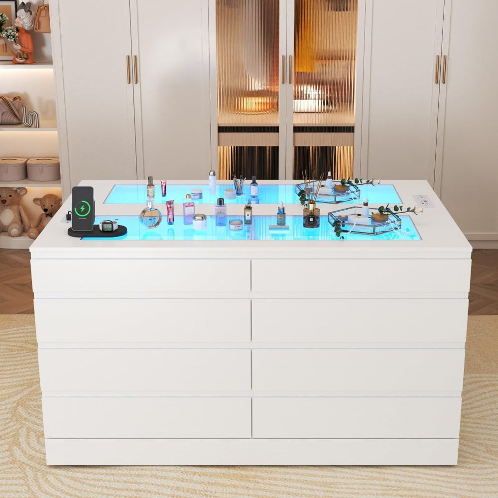 Gyfimoie 8 Drawer Dresser with Glass Top & Power Outlet, White Dresser fo...