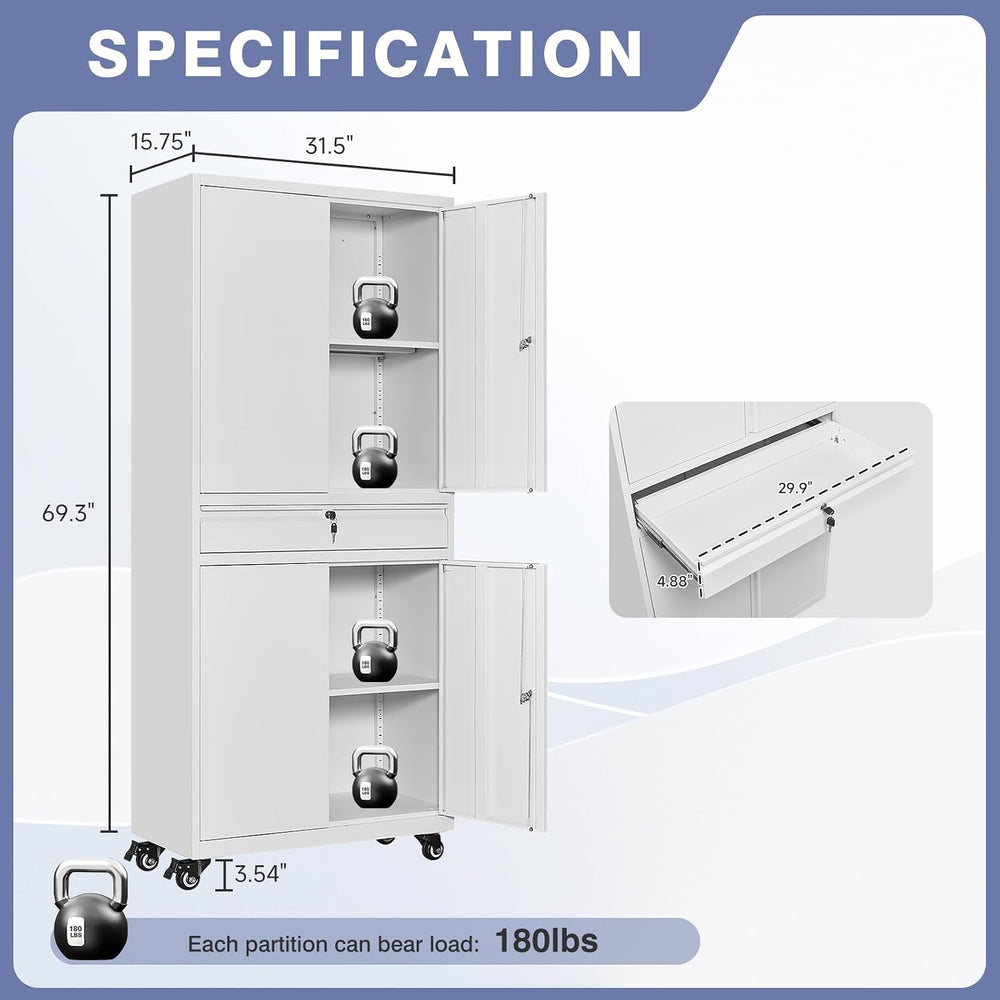 73" Metal Garage Storage Cabinet with Wheels， Rolling Tool Storage with ...