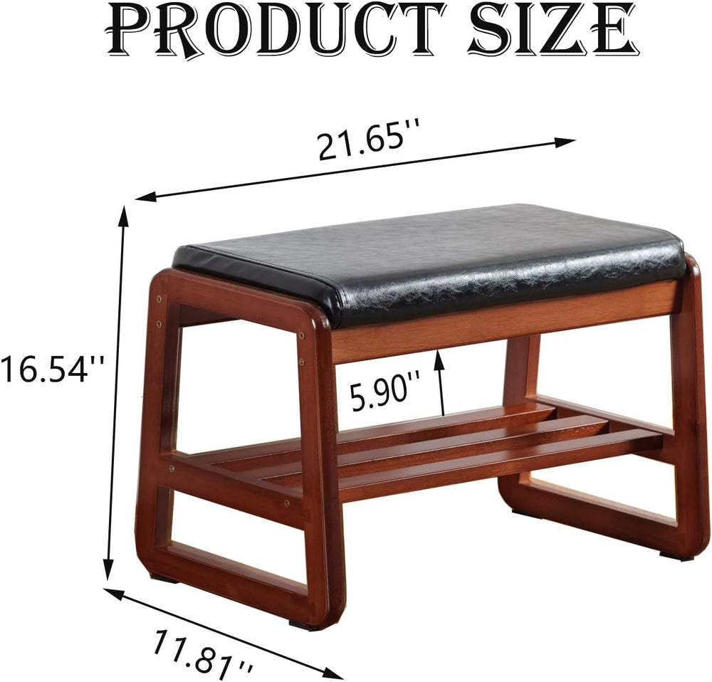 latifolia Solid Wood Bench, Entryway Shoe Bench with Cushion, 2 Tier Shoe Sto...